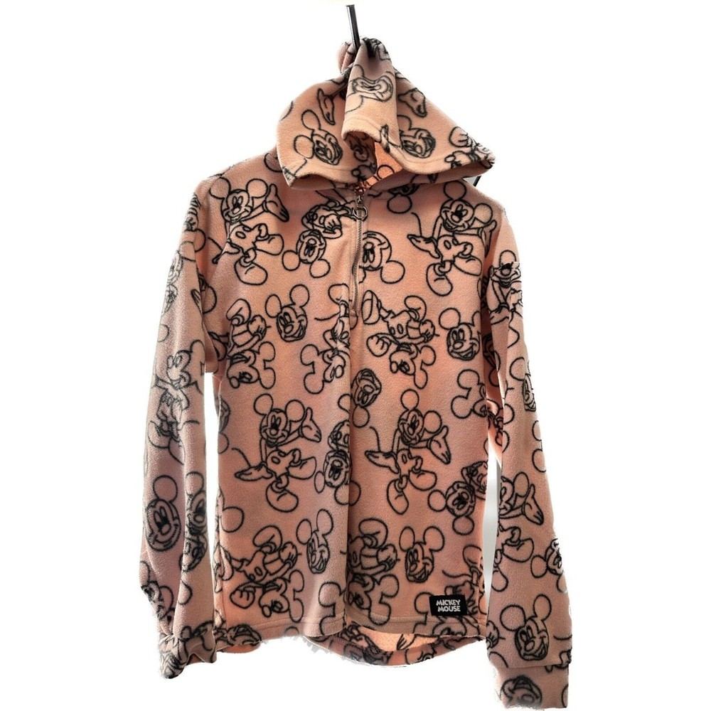 DISNEY MICKEY MOUSE Hoodie Juniors Large 11/13 Fleece Pullover Print Black Pink